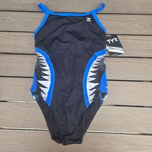 TYR Women's Durafast Shark Bite Diamondfit 1 Piece Swimsuit Blue/black Sz 34 New
